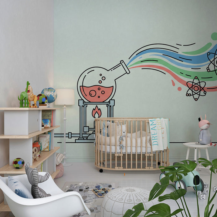 Papel pintado infantil | Universo científico con probeta y elementos químicos de colores