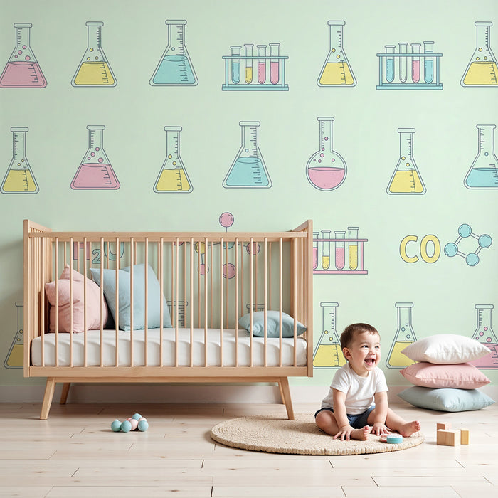 Kinderkamer behang | Wetenschappelijk universum met reageerbuizen en gekleurde chemische formules