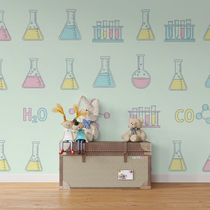 Kinderkamer behang | Wetenschappelijk universum met reageerbuizen en gekleurde chemische formules