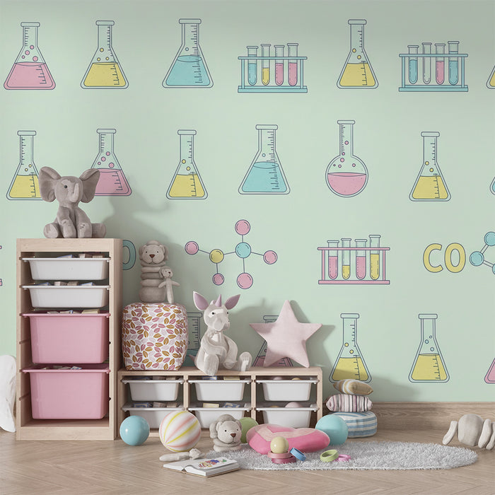 Kinderkamer behang | Wetenschappelijk universum met reageerbuizen en gekleurde chemische formules