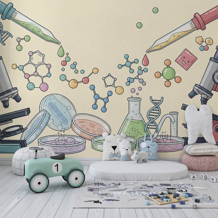 Kinderkamer behang | Wetenschappelijke universum met microscopen en gekleurde moleculen