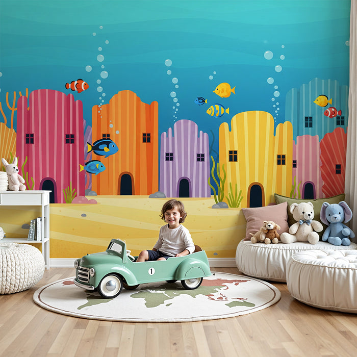 Papel de parede para quarto de criança | Universo subaquático colorido com casas-concha e peixes tropicais