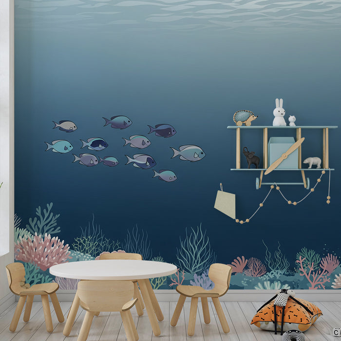 Kinderzimmer Tapete | Bunte Unterwasserwelt mit tropischen Fischen und Korallen