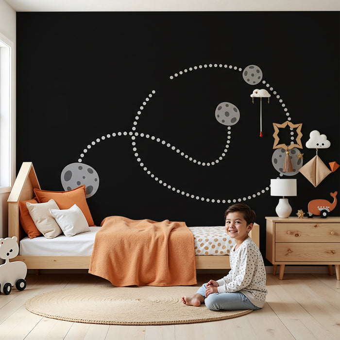 Papier peint chambre enfant | Univers spatial avec astéroïdes et étoiles blanches