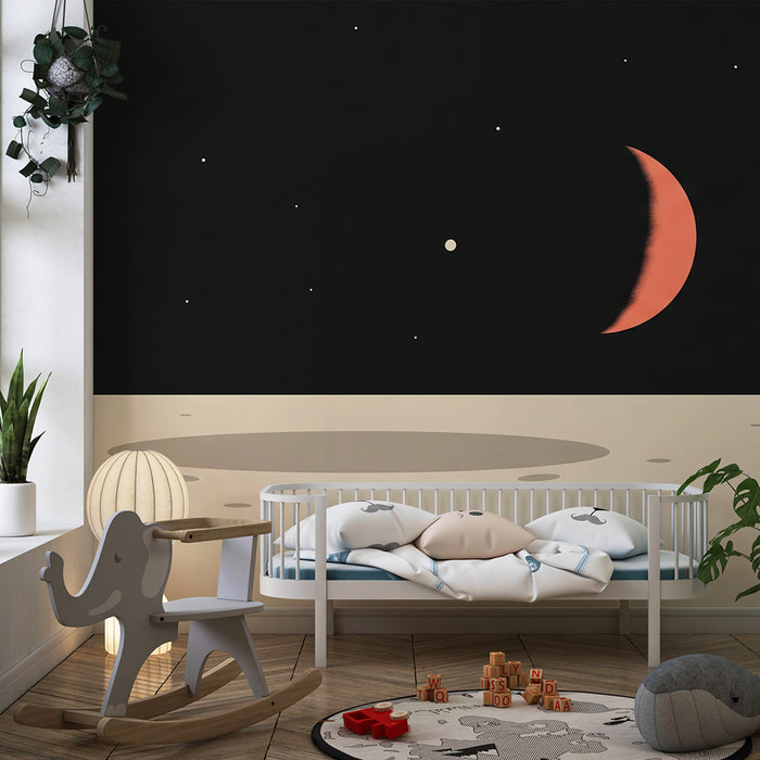 Papier peint chambre enfant | Univers spatial avec lune et étoiles scintillantes