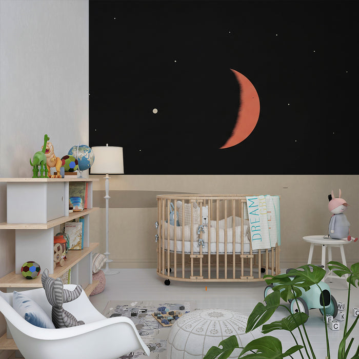 Papier peint chambre enfant | Univers spatial avec lune et étoiles scintillantes