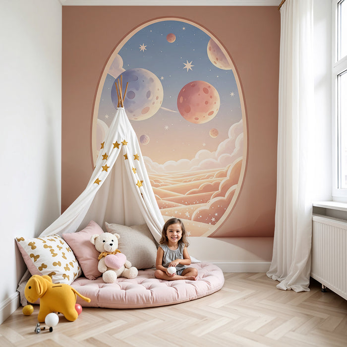 Papier peint chambre enfant | Univers spatial avec nuages doux et planètes