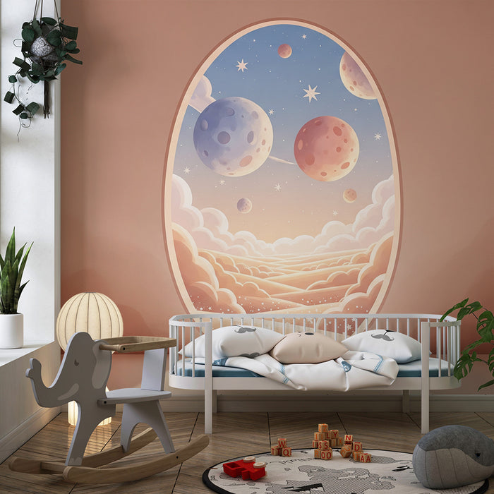 Papier peint chambre enfant | Univers spatial avec nuages doux et planètes