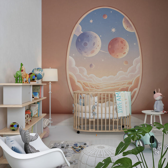 Papier peint chambre enfant | Univers spatial avec nuages doux et planètes