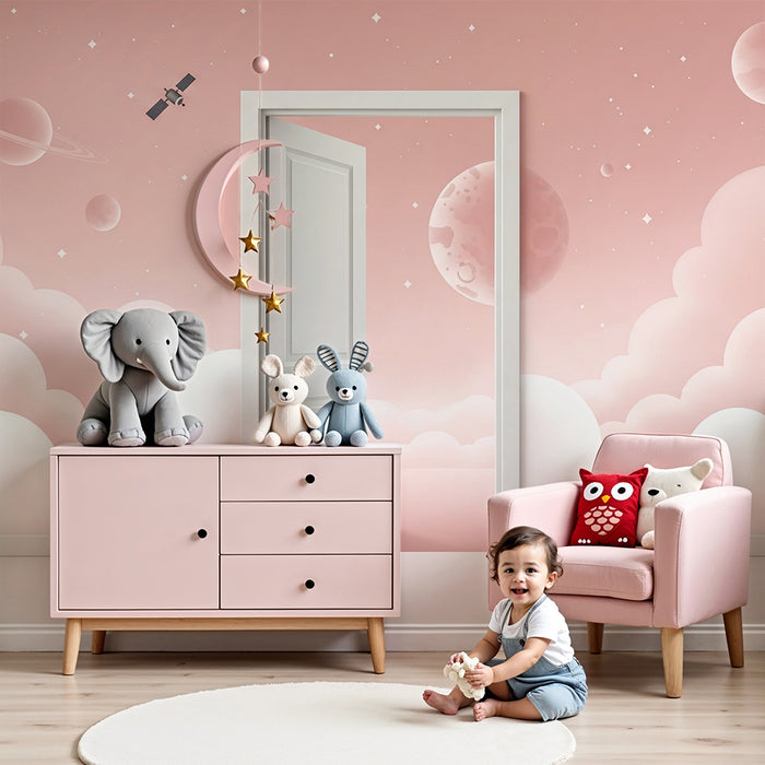 Papier peint chambre enfant | Univers spatial avec nuages roses et planètes