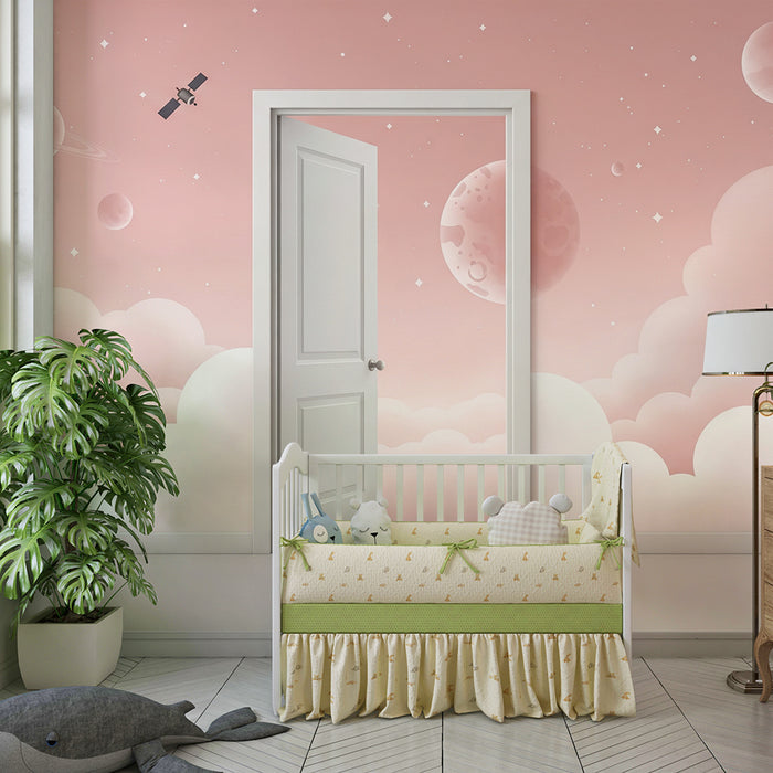 Papier peint chambre enfant | Univers spatial avec nuages roses et planètes