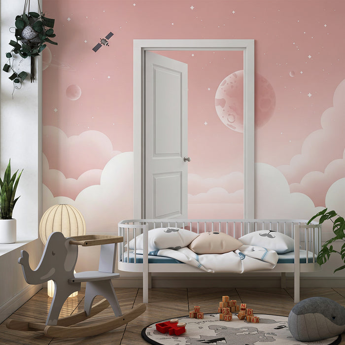 Papier peint chambre enfant | Univers spatial avec nuages roses et planètes