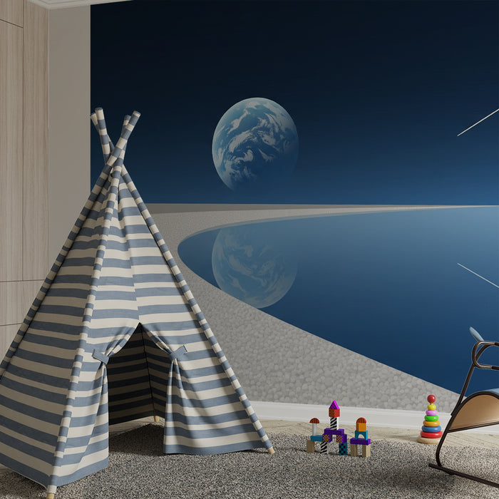 Kids room wallpaper | Vesolje s planetom in zvezdnatim nebom