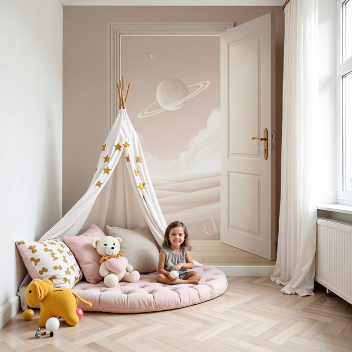 Papier peint chambre enfant | Univers spatial avec planète et nuages doux