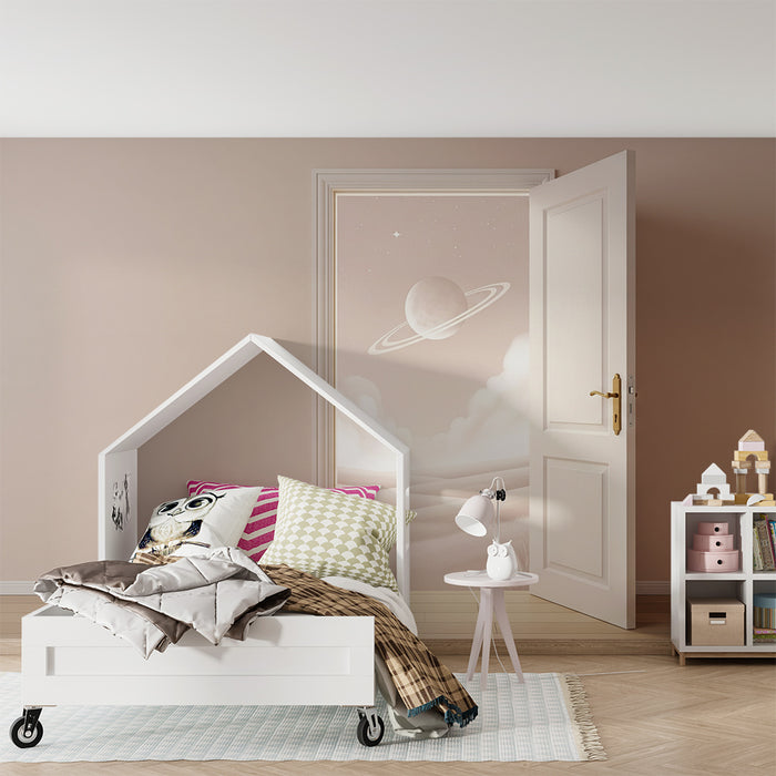 Papier peint chambre enfant | Univers spatial avec planète et nuages doux
