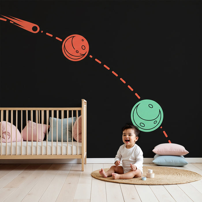 Χαρτί τοίχου παιδικού δωματίου | Διαστημικό σύμπαν με πολύχρωμους πλανήτες και κομήτη