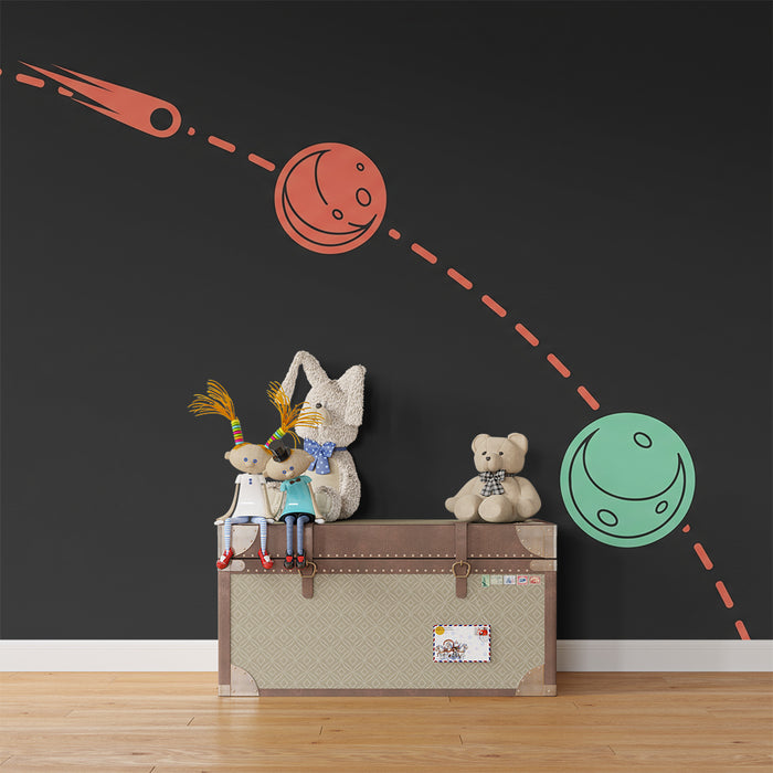 Χαρτί τοίχου παιδικού δωματίου | Διαστημικό σύμπαν με πολύχρωμους πλανήτες και κομήτη