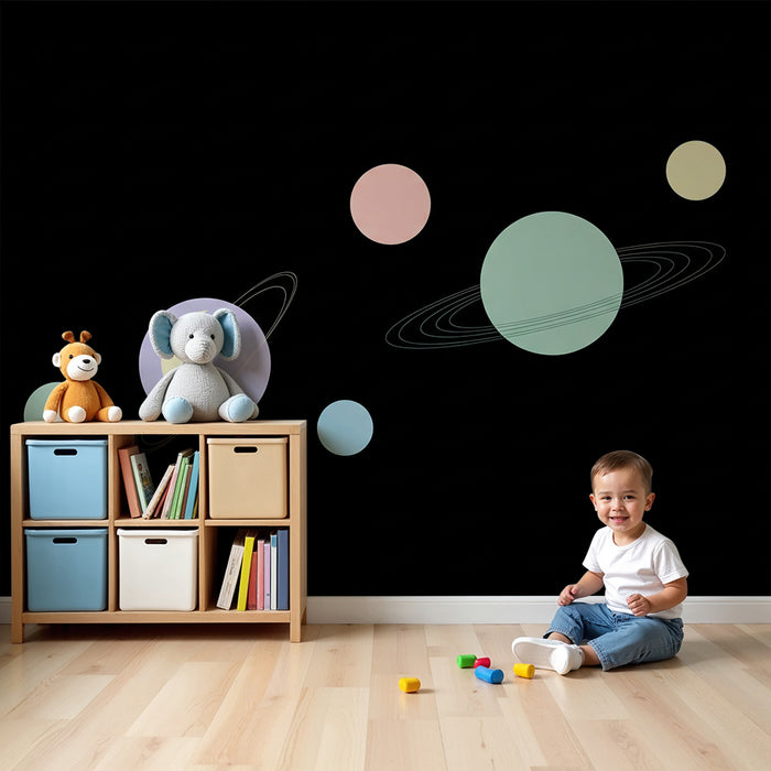 Kinderkamer behang | Ruimte-universum met kleurrijke planeten en maan