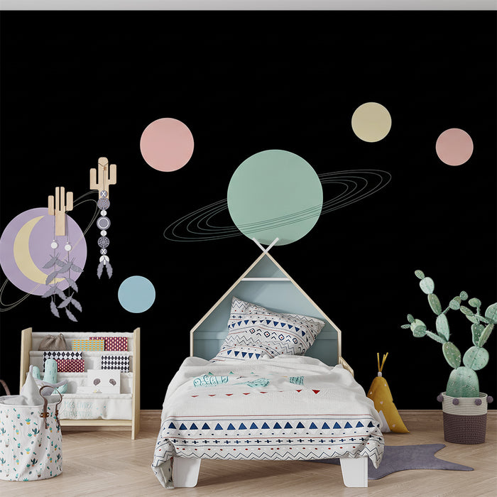 Kinderkamer behang | Ruimte-universum met kleurrijke planeten en maan