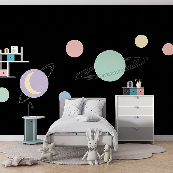 Kinderkamer behang | Ruimte-universum met kleurrijke planeten en maan
