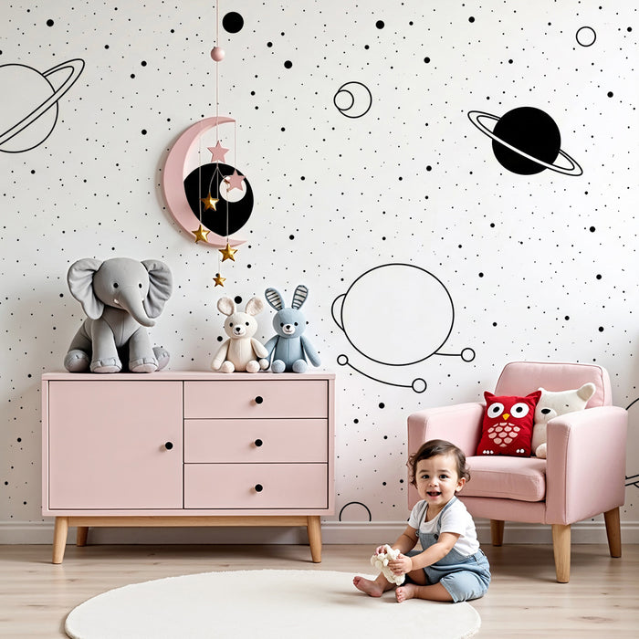 Kinderkamer behang | Ruimte-universum met planeten in zwart-wit