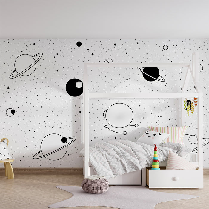 Kinderkamer behang | Ruimte-universum met planeten in zwart-wit