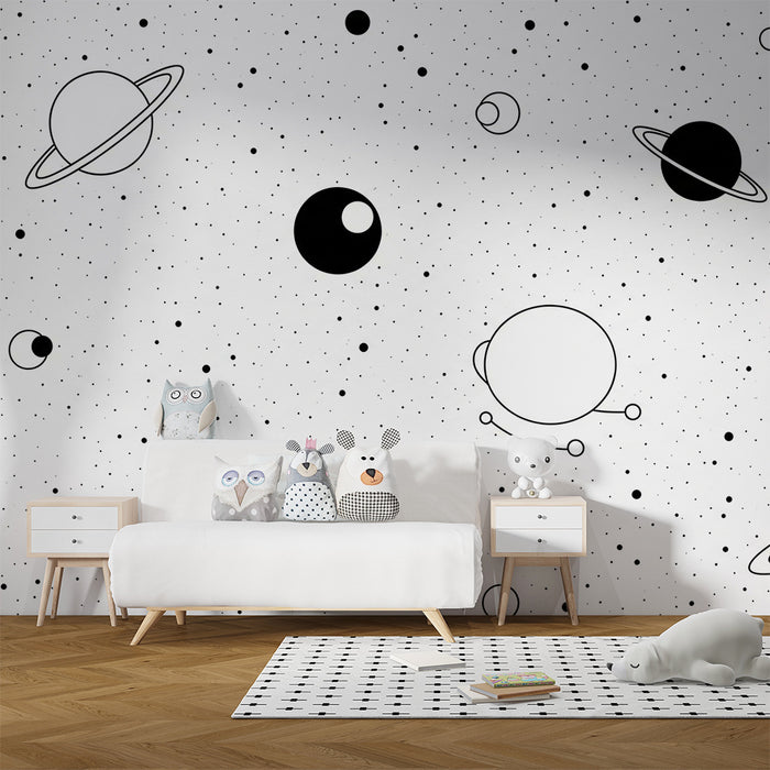 Kinderkamer behang | Ruimte-universum met planeten in zwart-wit