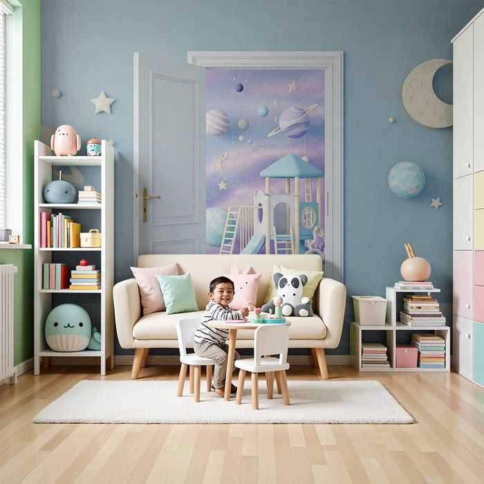 Papier peint chambre enfant | Univers spatial avec planètes et aire de jeux