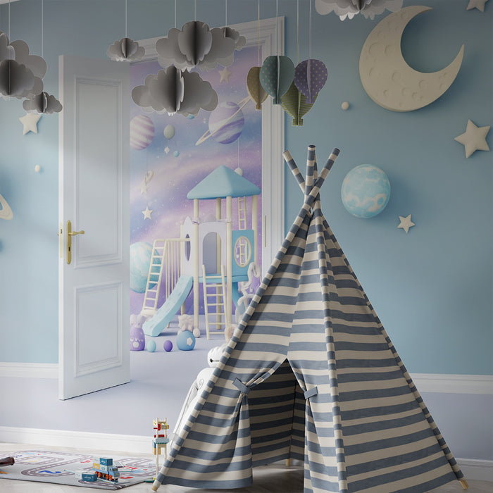 Papier peint chambre enfant | Univers spatial avec planètes et aire de jeux