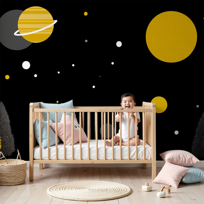 Kids room wallpaper | Space universe with stylized planets and trees