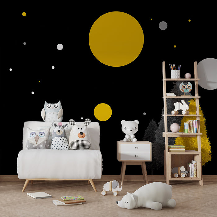 Kids room wallpaper | Space universe with stylized planets and trees