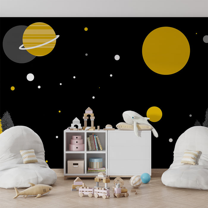 Kids room wallpaper | Space universe with stylized planets and trees