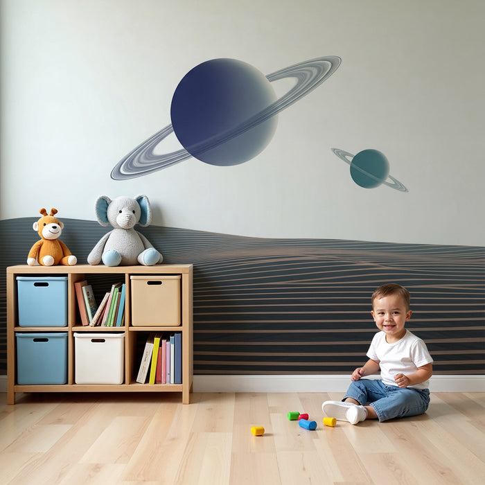 Kinderzimmer Tapete | Weltraum mit Planeten und Sanddünen