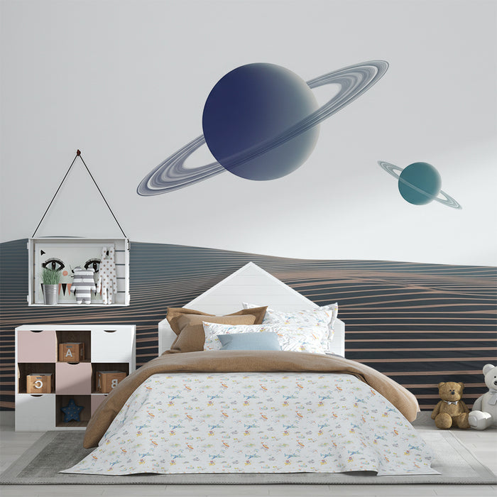 Kinderzimmer Tapete | Weltraum mit Planeten und Sanddünen