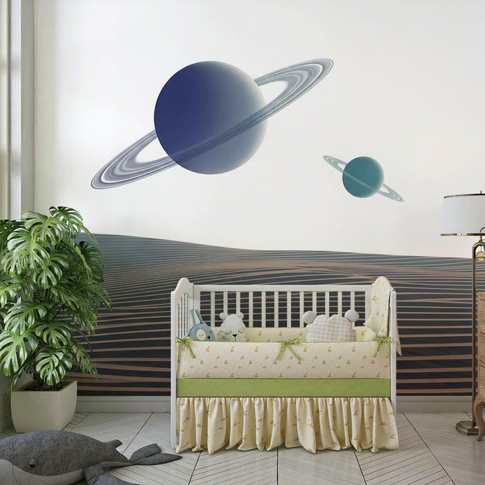Kinderzimmer Tapete | Weltraum mit Planeten und Sanddünen