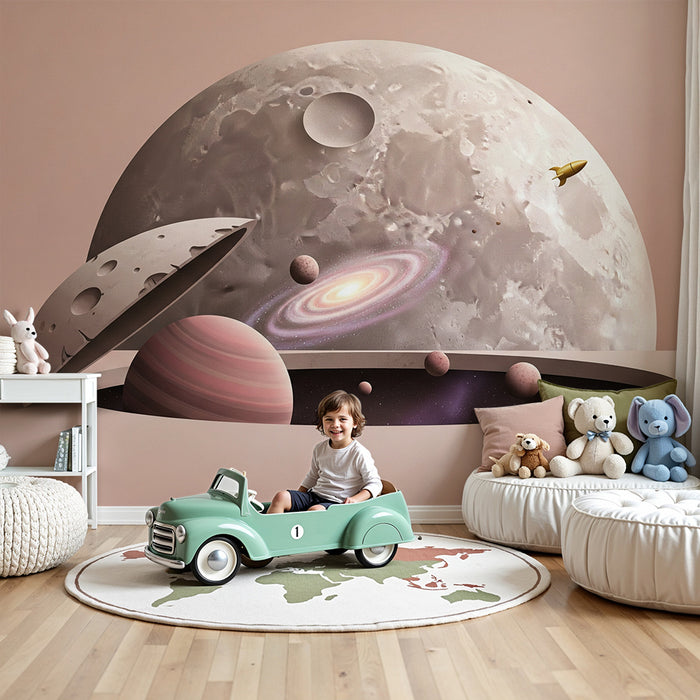 Papier peint chambre enfant | Univers spatial avec planètes et fusée dorée