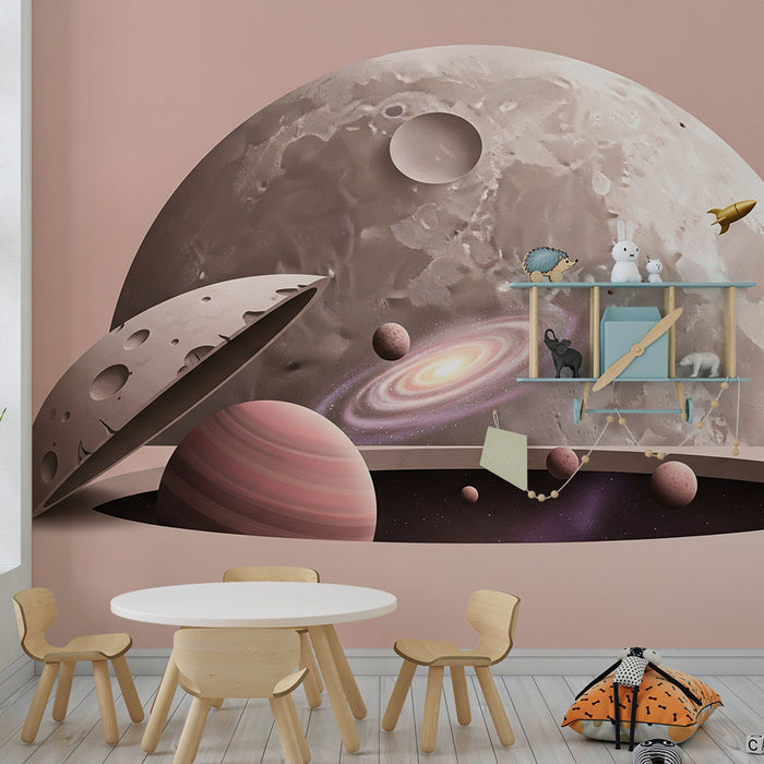 Papier peint chambre enfant | Univers spatial avec planètes et fusée dorée
