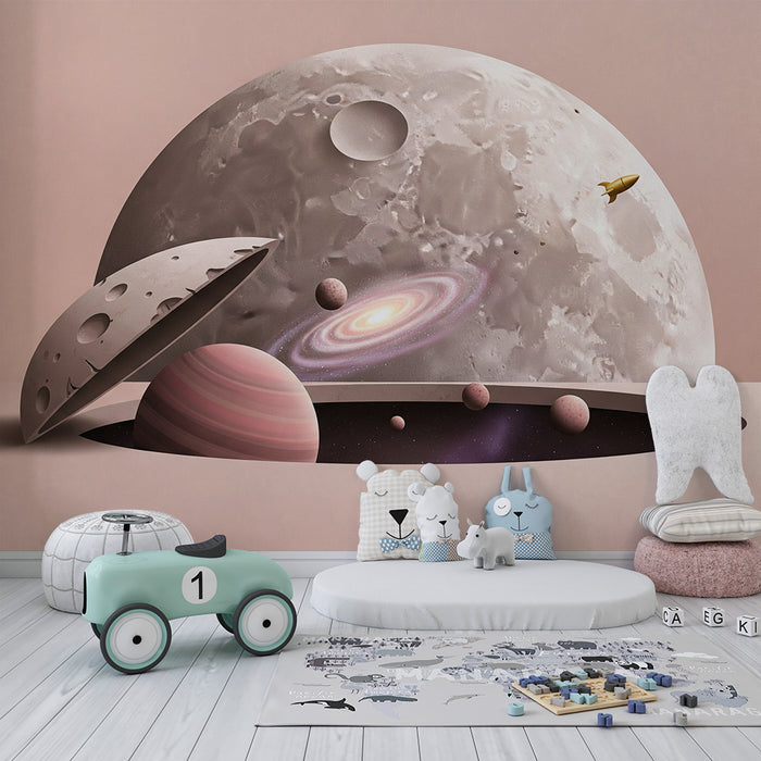 Papier peint chambre enfant | Univers spatial avec planètes et fusée dorée