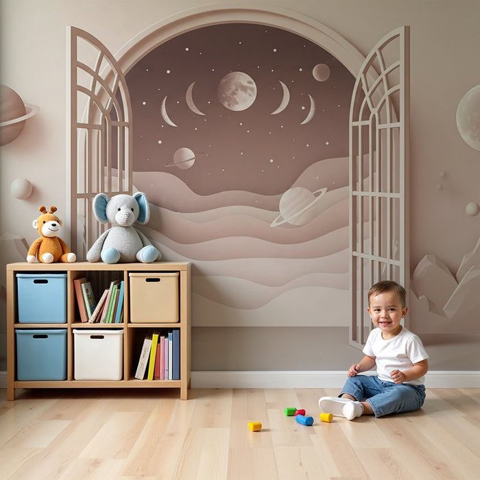 Papier peint chambre enfant | Univers spatial avec planètes et montagnes