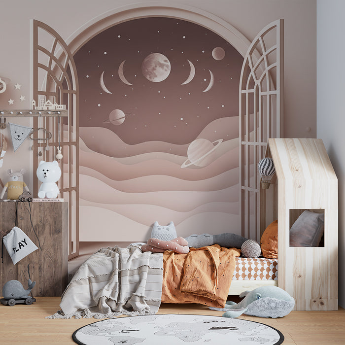 Papier peint chambre enfant | Univers spatial avec planètes et montagnes