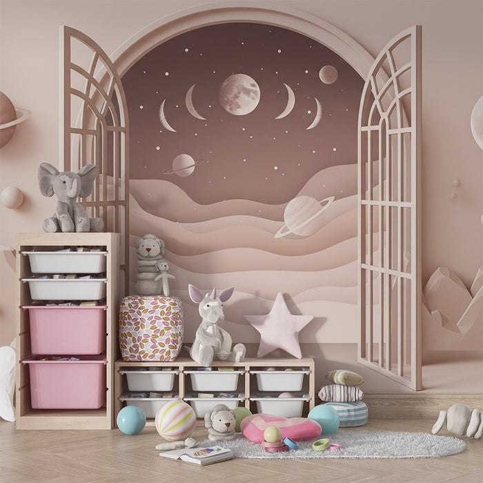 Papier peint chambre enfant | Univers spatial avec planètes et montagnes