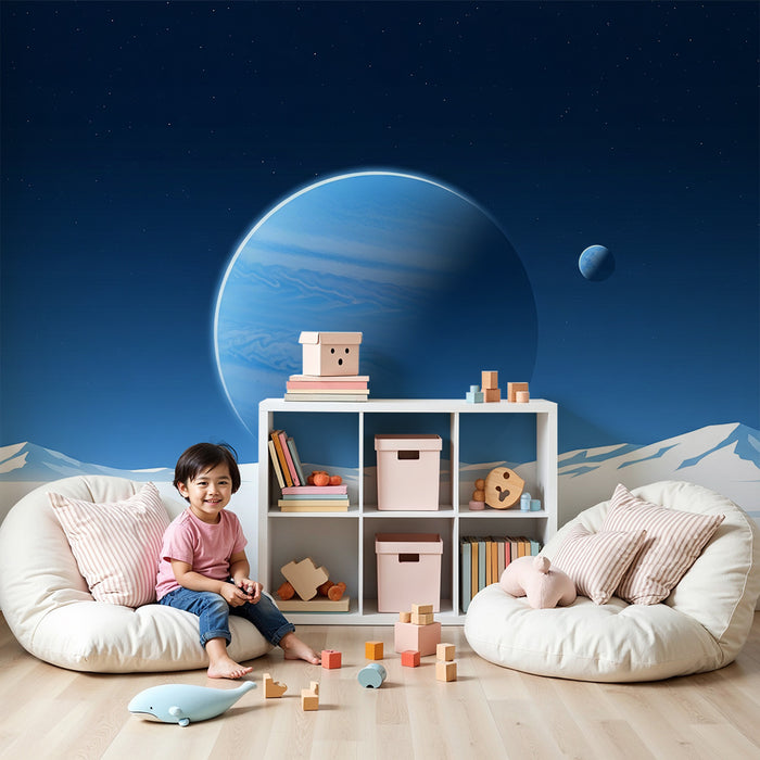 Papier peint chambre enfant | Univers spatial avec planètes et paysages glacés