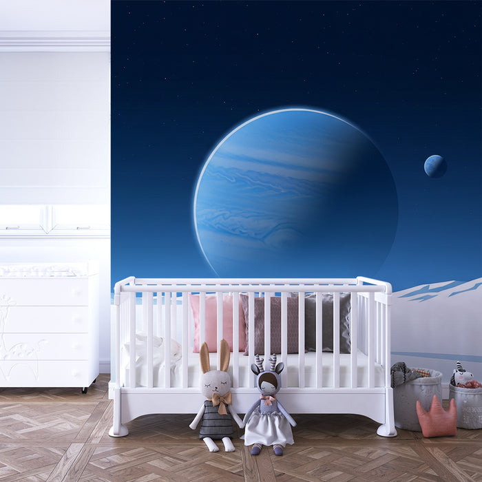 Papier peint chambre enfant | Univers spatial avec planètes et paysages glacés