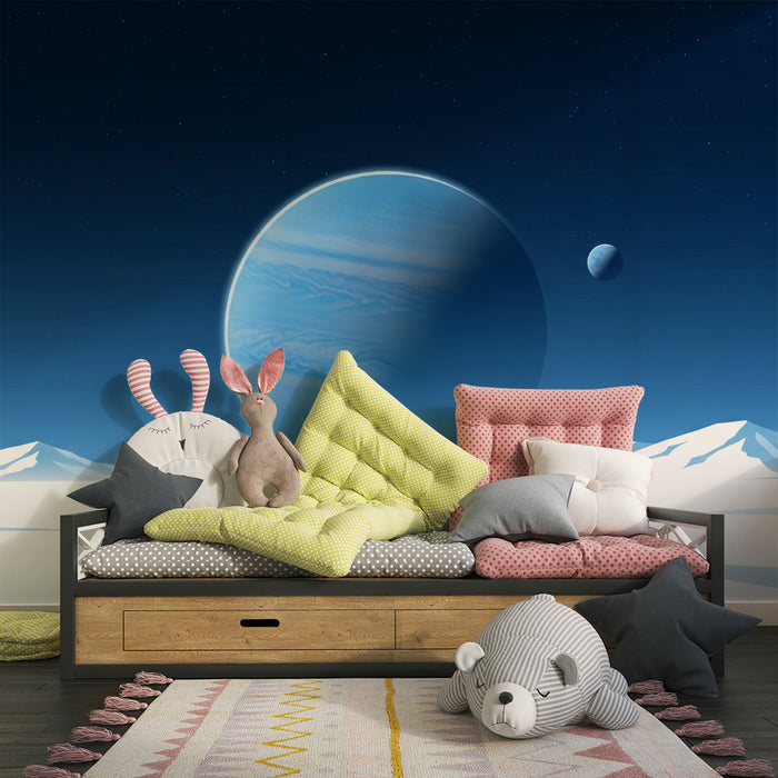 Papier peint chambre enfant | Univers spatial avec planètes et paysages glacés