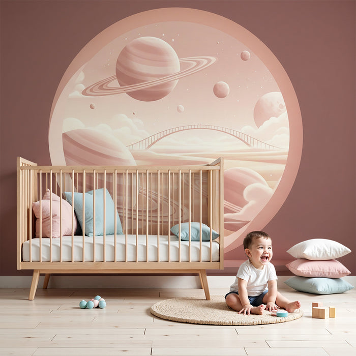 Papier peint chambre enfant | Univers spatial avec planètes et pont féerique