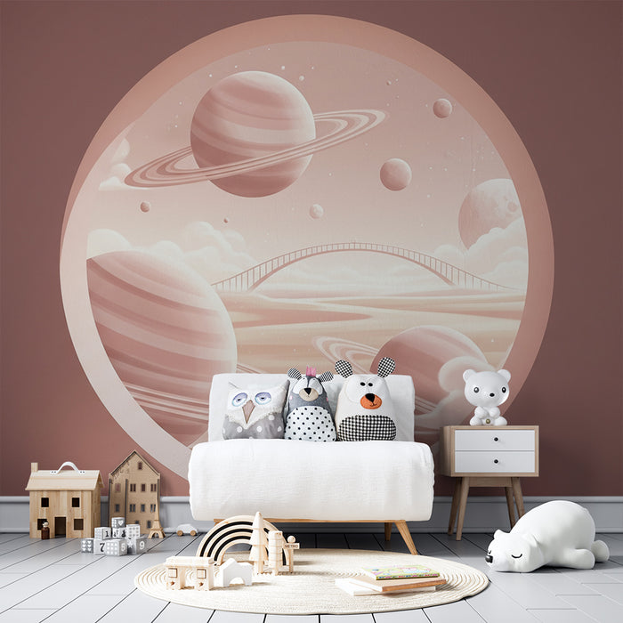 Papier peint chambre enfant | Univers spatial avec planètes et pont féerique