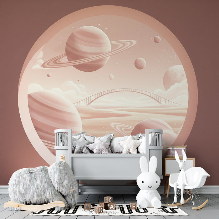 Papier peint chambre enfant | Univers spatial avec planètes et pont féerique