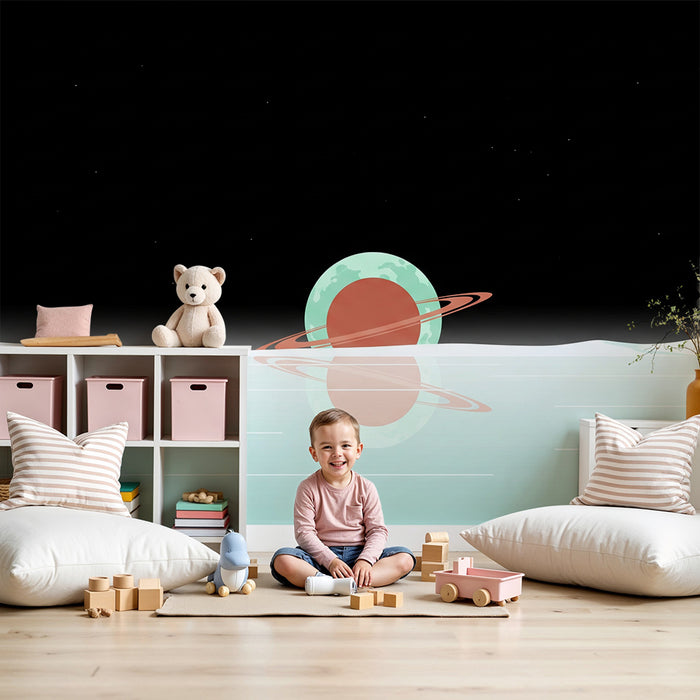Papier peint chambre enfant | Univers spatial avec planètes et reflets aquatiques