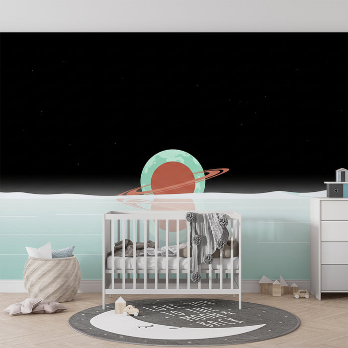 Papier peint chambre enfant | Univers spatial avec planètes et reflets aquatiques