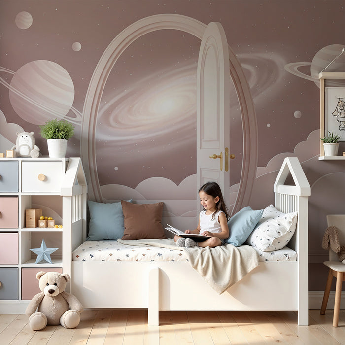 Papier peint chambre enfant | Univers spatial avec porte ouverte sur les galaxies